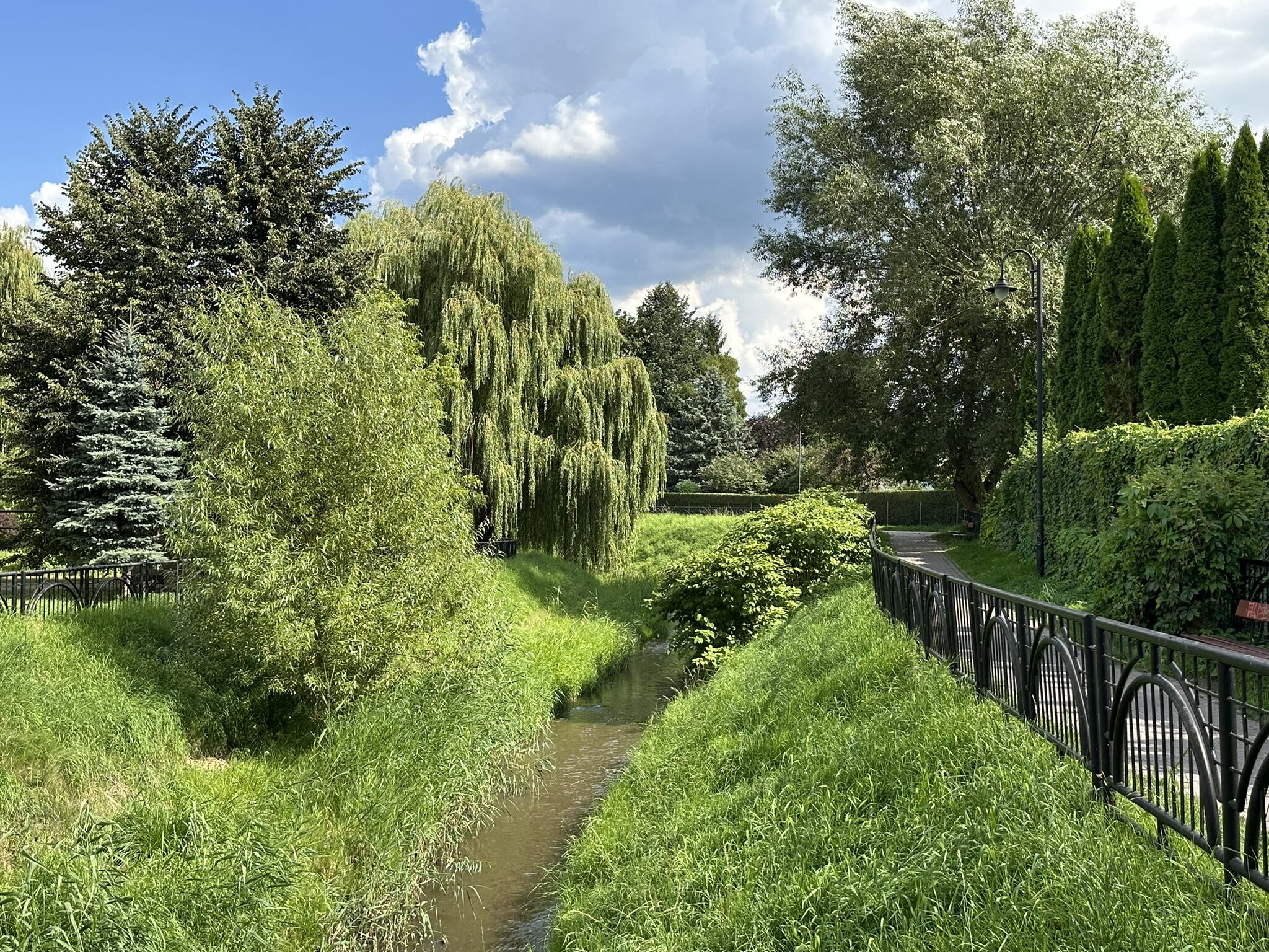 Struga i aleja spacerowa w parku w sąsiedztwie budynku